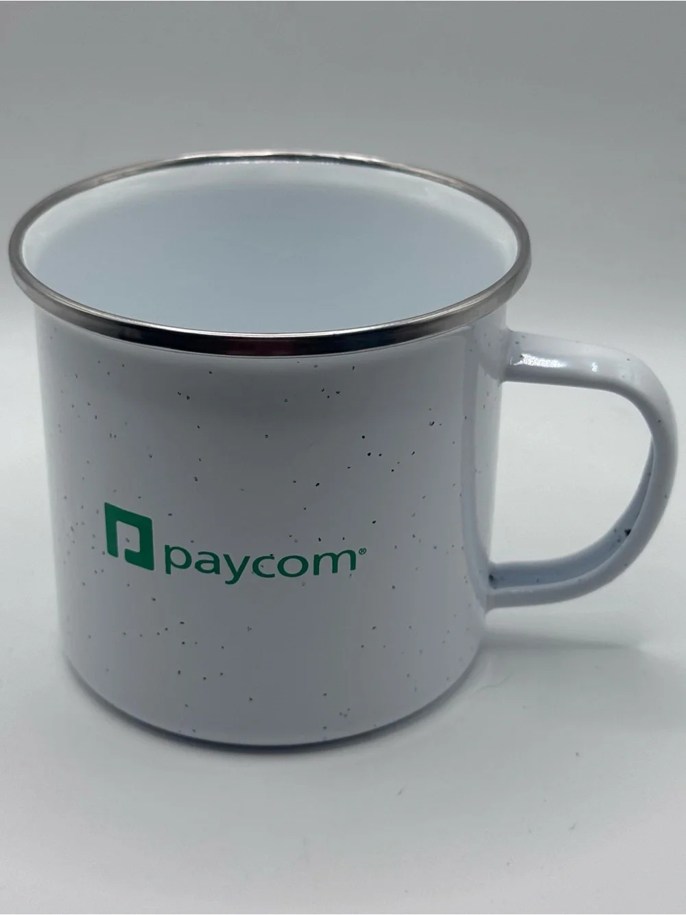Set Of 2 Speckled Ceramic Campfire Mugs w/‘PAYCOM’ Logo
